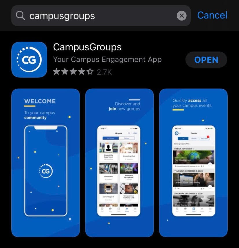 A screenshot of the CampusGroups app on the Apple App Store.