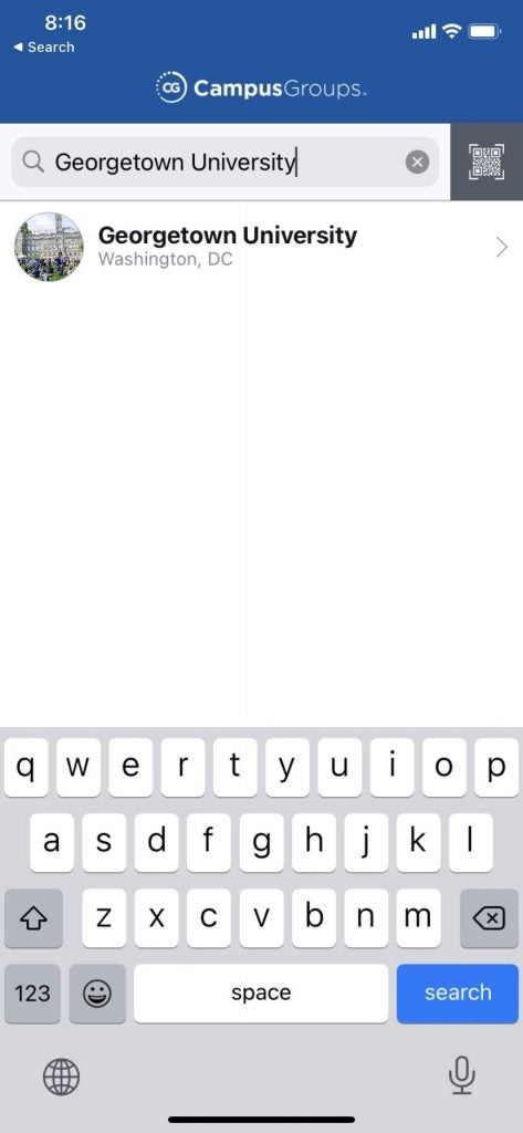 A screenshot of the screen seen when first opening the CampusGroups app. 