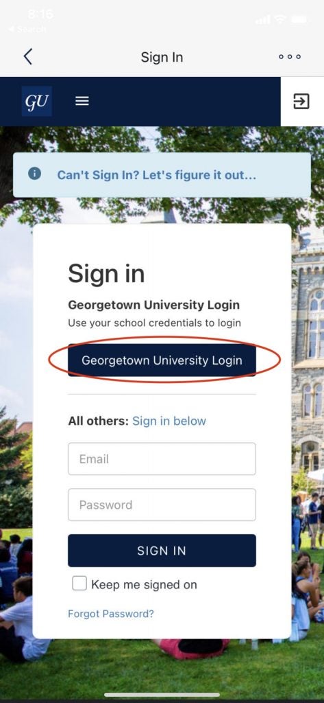 A screenshot of the Georgetown University Login screen.