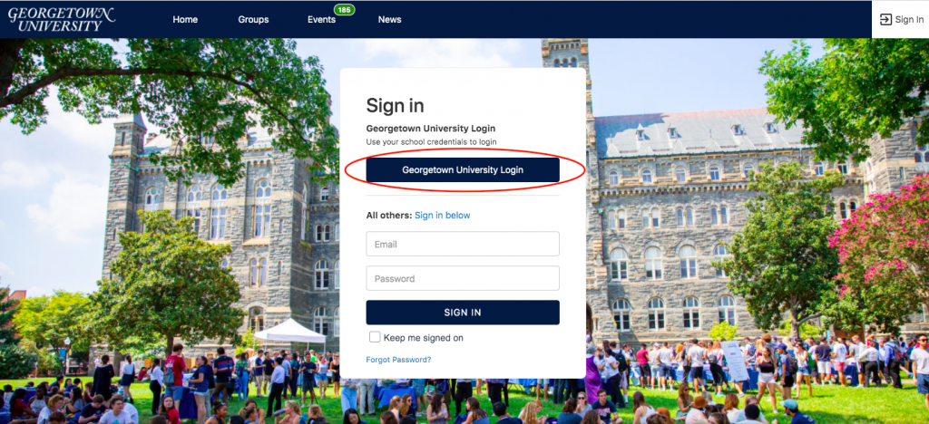 A screenshot of the desktop Georgetown University login to CampusGroups.