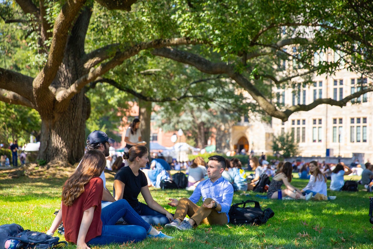 Students chatting while sitting on the grass in Healy Lawn